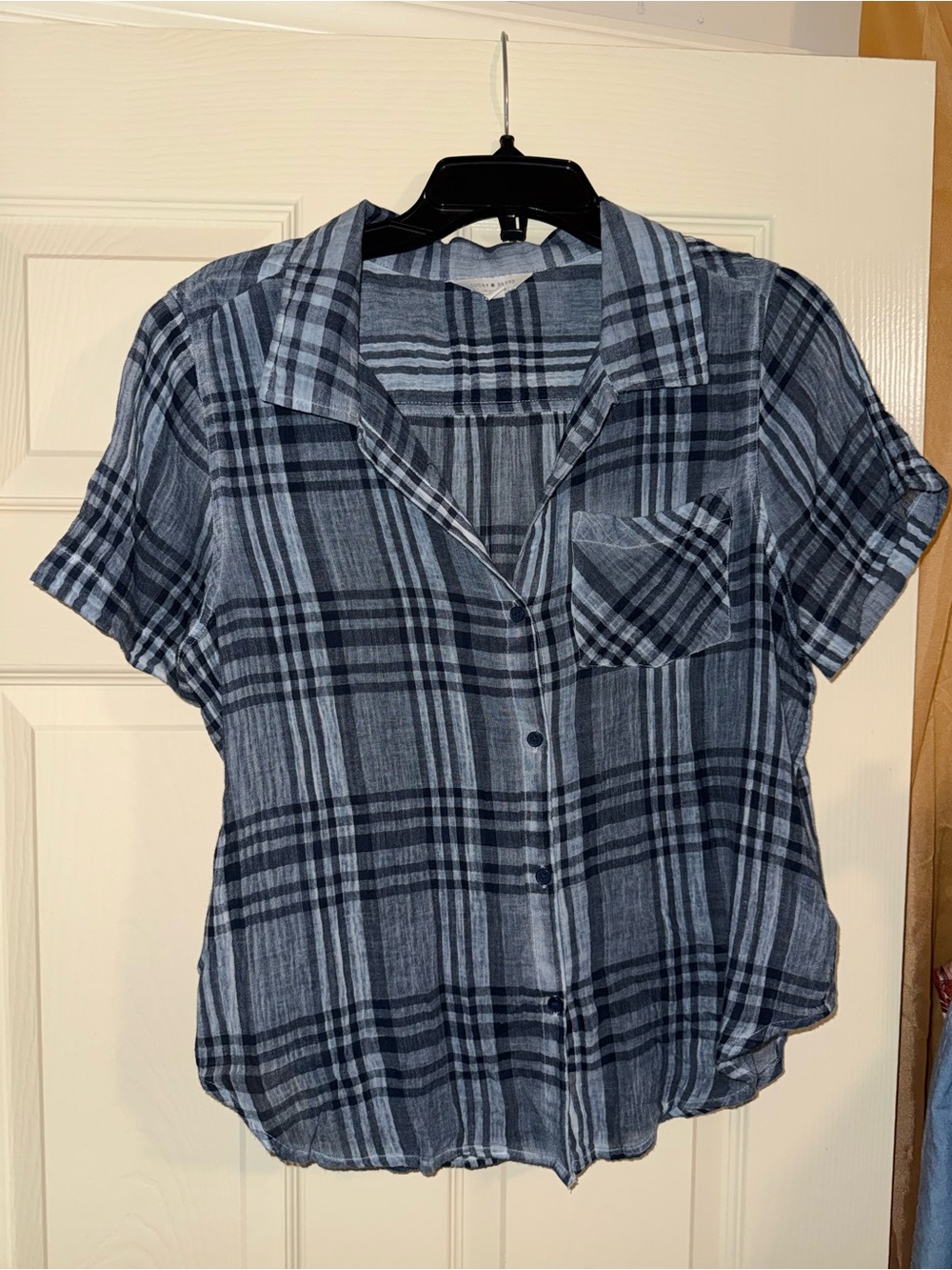 Lucky Brand Women's Navy and Light Blue Plaid Button-Down Top